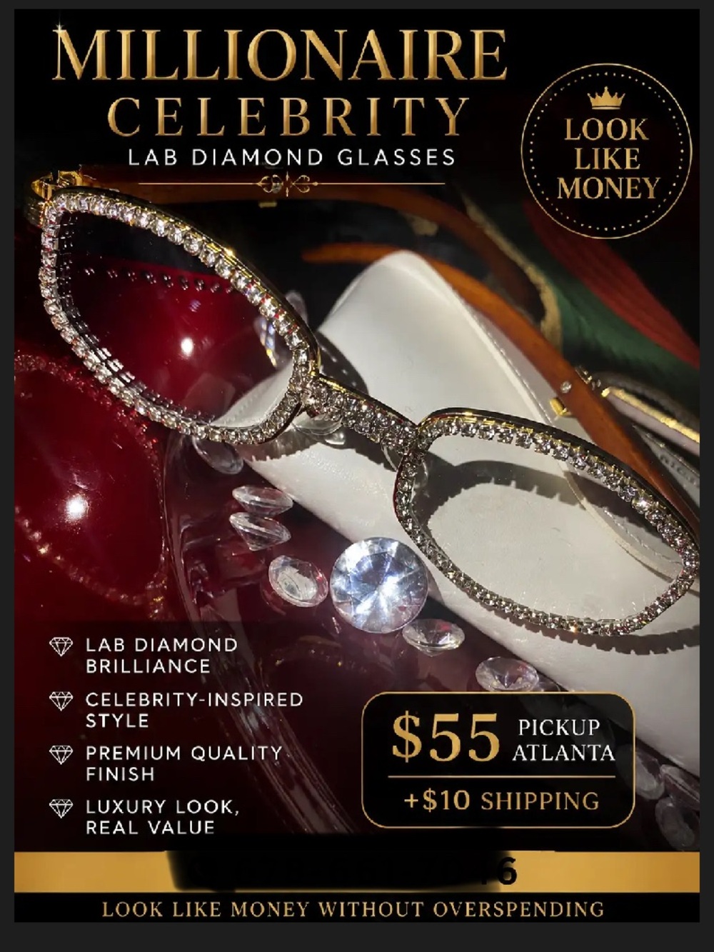 Millionaire Celebrity lab diamond glasses in gold tone.